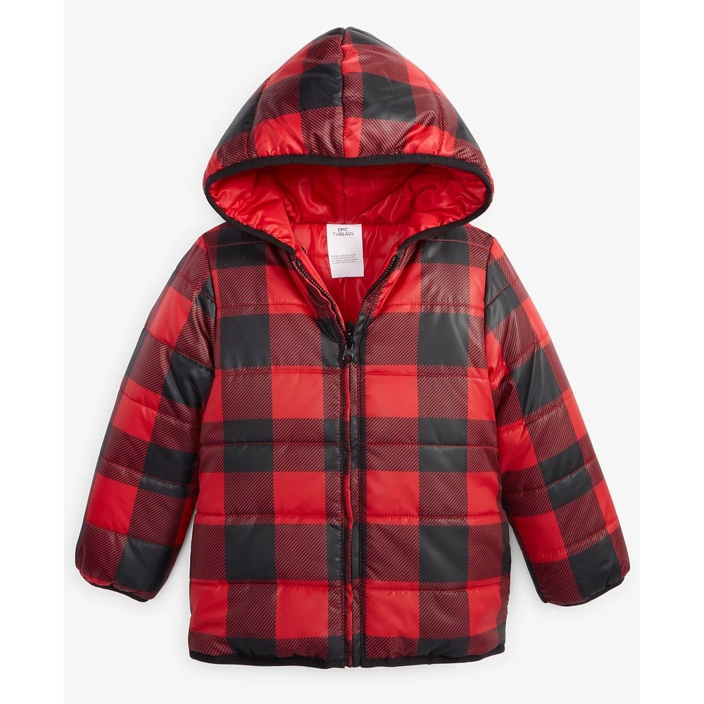 Epic Threads Toddler 2T Jacket Reversible Puffer Coat Buffalo Plaid Red Hooded